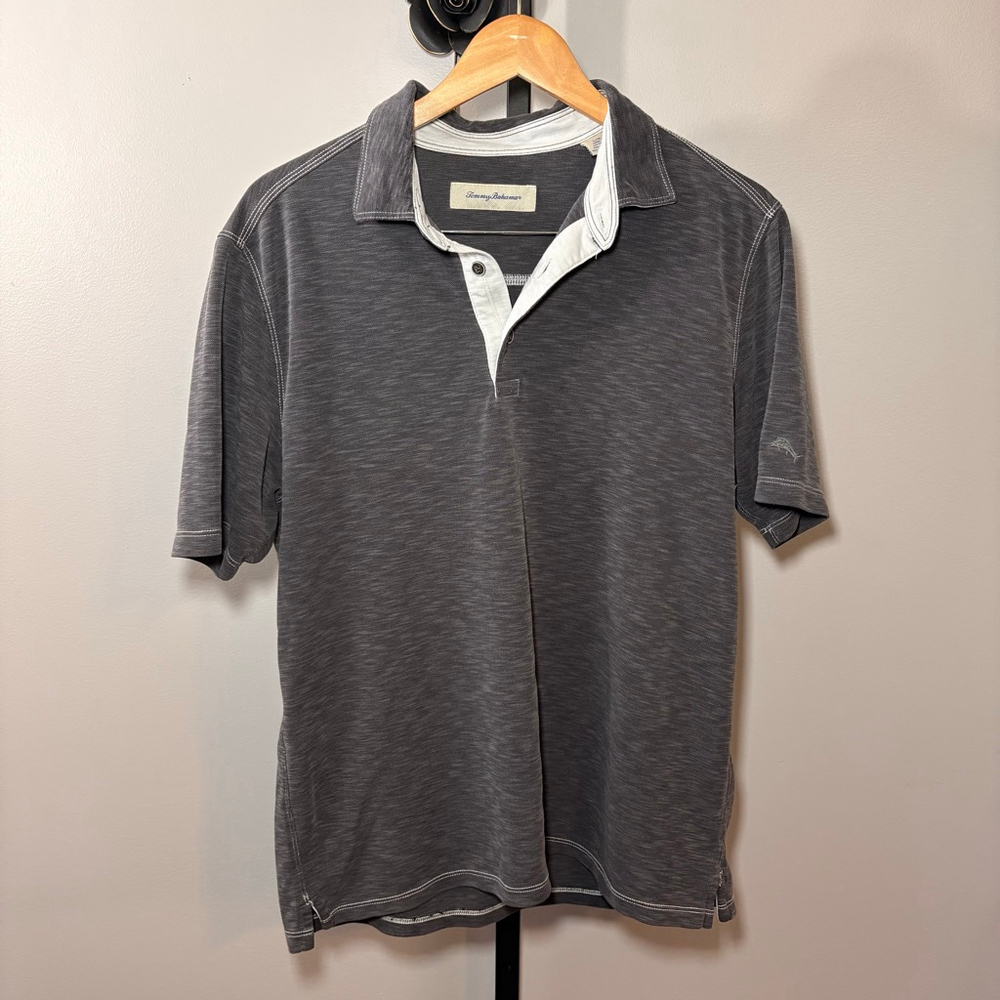 Tommy Bahama men’s Gray Polo Shirt L‎ with White Accents